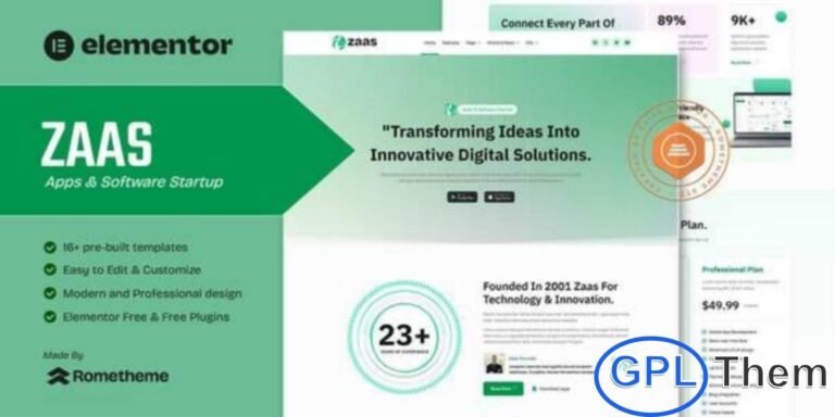 Zaas – Apps & Software Startup Elementor Template Kit Zaas is a modern and high-performance Elementor Template Kit designed for app developers, SaaS startups, software companies, and technology businesses. With sleek, professional layouts, this kit helps you showcase your product features, app screenshots, pricing plans, and customer testimonials in a clean and engaging way.