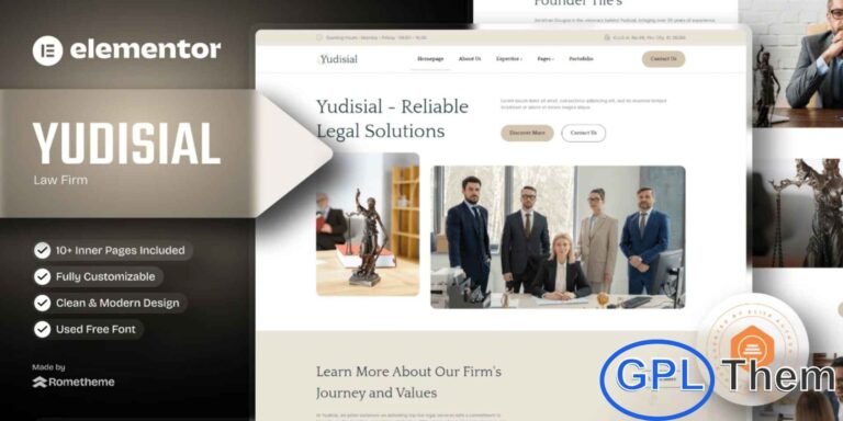 Yudisial – Law Firm Elementor Template Kit Yudisial is a professionally crafted Elementor Template Kit designed specifically for law firms, legal advisors, attorneys, advocates, and corporate legal services. With a complete selection of pre-built templates, it is perfect for showcasing practice areas, legal services, attorney profiles, case studies, and client testimonials.