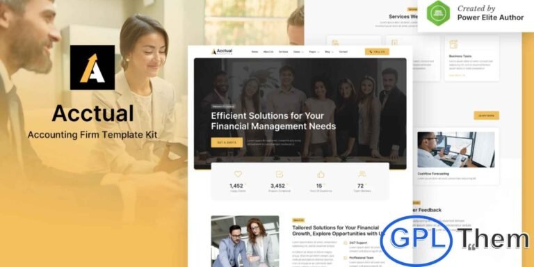 Acctual – Accounting Firm Elementor Template Kit Acctual is a modern and professional Elementor Template Kit designed for accounting firms, accountancy agencies, tax consultants, finance advisors, and other financial service providers. With a fully responsive and clean design, Acctual allows you to create a professional website that highlights your services, expertise, and client solutions effortlessly.