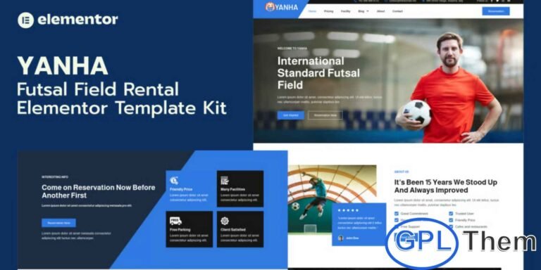 Yanha – Futsal Field Rental Elementor Pro Template Kit Yanha is a premium Elementor Pro Template Kit designed specifically for futsal field rental businesses, indoor sports arenas, turf booking platforms, and sports facility management websites. This kit features a clean, modern, and visually engaging layout, enhanced with an attractive color palette that elevates your brand identity.