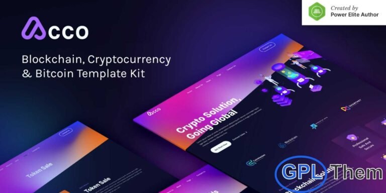 Acco – Blockchain, Cryptocurrency & Bitcoin Elementor Template Kit Acco is a modern and professional Elementor Template Kit designed for websites in the blockchain, cryptocurrency, Bitcoin, ICO agencies, and fintech industries. Featuring a sleek dark UI with vibrant gradient accents, this kit offers a fully responsive and retina-ready layout, ensuring your site looks stunning on all devices.
