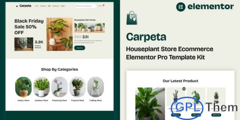 Carpeta – Houseplant Store eCommerce Elementor Pro Template Kit Carpeta is a beautifully designed Elementor Pro Template Kit crafted for houseplant stores, garden plant shops, flower boutiques, and nature-inspired eCommerce businesses. With its clean, modern, and refreshing layout, this template kit helps you create an engaging online store that highlights your products with elegance.