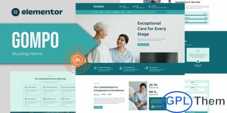 Gompo – Nursing Home Elementor Template Kit Gompo is a professionally designed Elementor Template Kit crafted specifically for retirement and elderly care services. Perfect for Home Nursing, Senior Care, Elderly Home Care, Retirement Homes, Clinics, Hospitals, and other healthcare-related businesses, this kit offers a modern and compassionate design that highlights trust and professionalism.