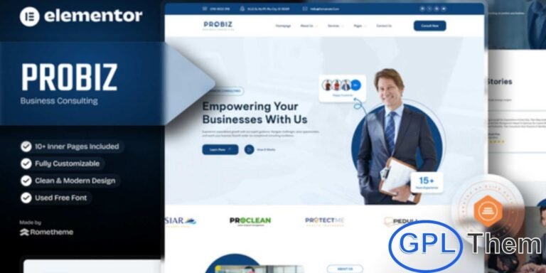 Probiz – Business Consulting Elementor Template Kit Probiz is a modern and professional Elementor Template Kit designed specifically for business consulting websites. Perfect for consultants, advisors, agencies, finance firms, startups, and corporate services, this kit provides a complete set of templates to help grow your business online.