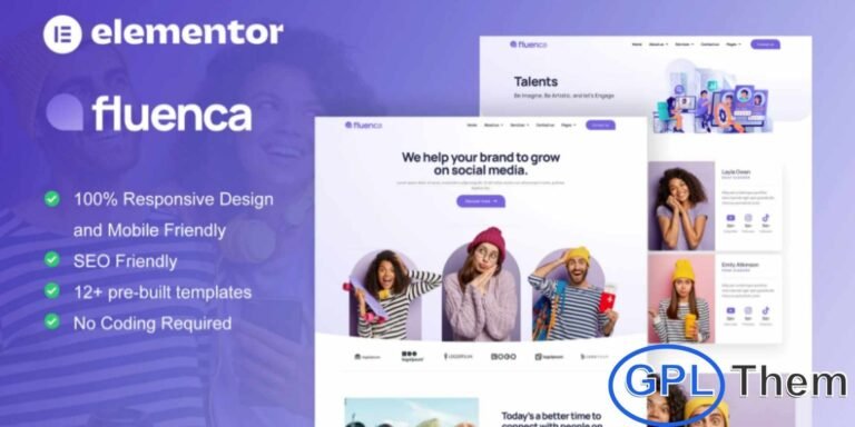Fluenca – Social Media Agency Elementor Pro Full Site Template Kit Fluenca is a complete Elementor Pro Full Site Template Kit designed for Social Media Agencies, Digital Marketing Firms, and Creative Businesses looking to build a high-quality website effortlessly. With its modern, professional, and visually polished design, the kit provides a premium head start for any branding-focused project. Each page is crafted with a fully compatible design system and curated imagery to help you create a standout online presence.