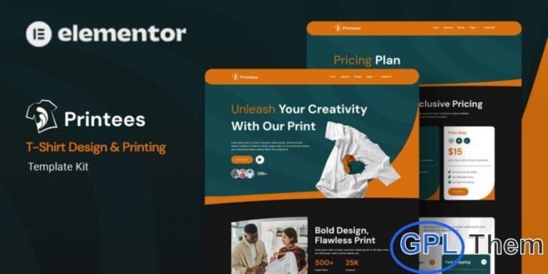 Printees – T-Shirt Design & Printing Elementor Template Kit Printees is a modern and versatile Elementor Template Kit designed for T-shirt printing businesses, custom apparel shops, and merchandise stores. Perfect for quickly building a professional WordPress website, this kit includes ready-made page layouts for showcasing products, services, pricing, and client portfolios.
