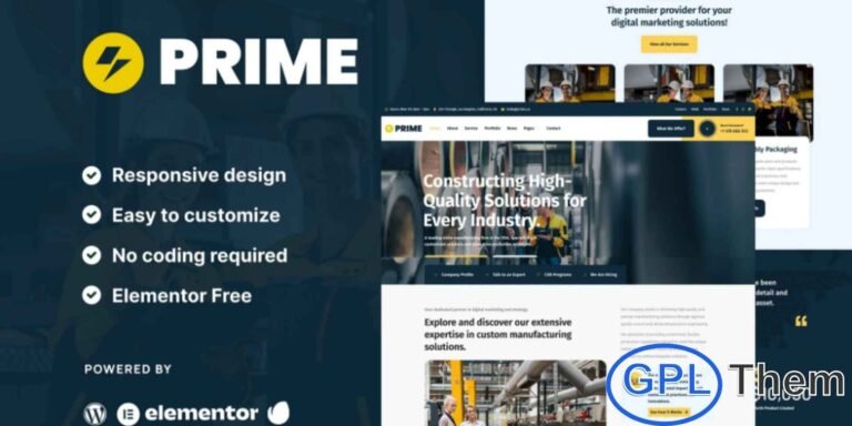 Prime – Industrial & Manufacturing Elementor Template Kit Prime is a professional and modern Elementor Template Kit designed for industrial companies, manufacturing firms, and engineering businesses. With a clean and contemporary layout, Prime makes it easy to showcase your services, projects, and company profile in a polished and professional way.