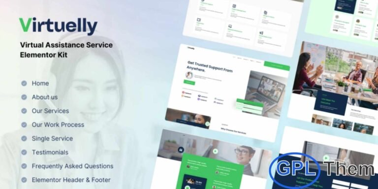 Virtuelly – Virtual Assistant Service Elementor Template Kit Virtuelly is a professional Elementor Template Kit designed for Virtual Assistant services, Virtual Secretaries, and remote administrative support businesses. This kit allows you to quickly build a modern, fully responsive, and user-friendly website without any coding.