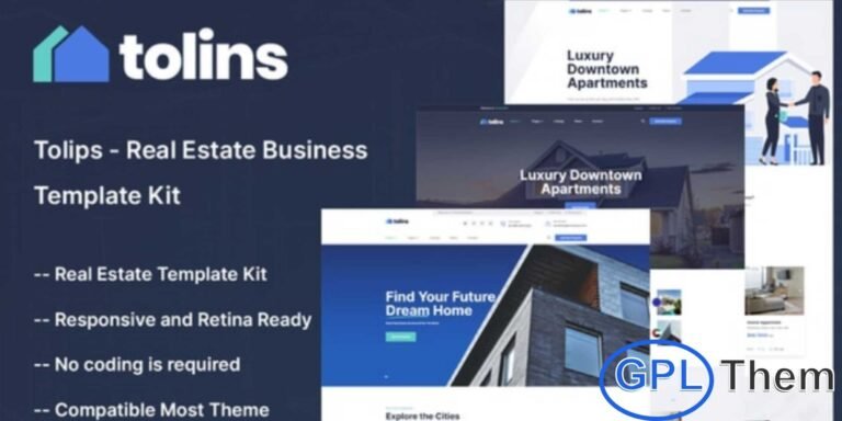 Tolips – Real Estate Business Elementor Template Kit The Tolips – Real Estate Business Elementor Template Kit is a sleek and modern solution designed for rental properties, corporate housing, apartments, hotels, and real estate directory services. This versatile template kit features clean, professional layouts that make it easy to showcase properties, highlight services, introduce your team, and display your top projects.