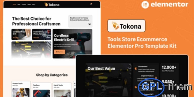 Tokona – Tools Store Ecommerce Elementor Pro Template Kit The Tokona – Tools Store Ecommerce Elementor Pro Template Kit is a modern, versatile solution designed for online shops selling tools, hardware, electronics, and related products. Featuring a contemporary and clean design, this template kit allows you to showcase products, highlight promotions, and create a seamless shopping experience for your customers.