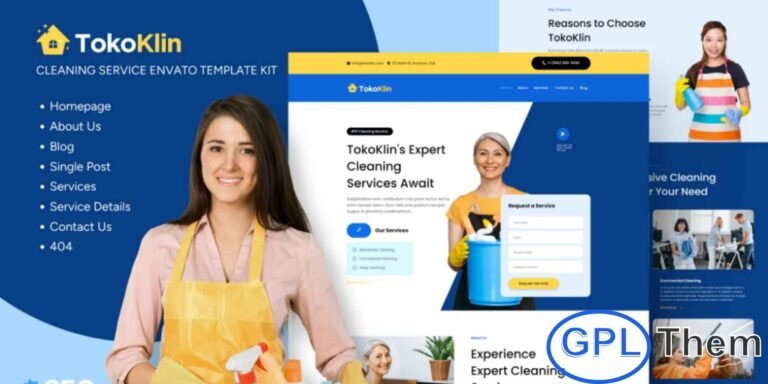 Tokoklin – Cleaning Service Business Elementor Template Kit The Tokoklin – Cleaning Service Business Elementor Template Kit is a professionally designed solution for cleaning companies, janitorial services, and home or commercial cleaning providers. Built with Elementor, this template kit offers clean, modern, and fully responsive layouts to showcase your services, pricing, team, and customer testimonials.