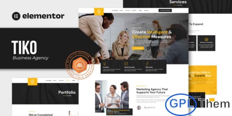Tiko – Business Agency Elementor Template Kit The Tiko – Business Agency Elementor Template Kit is a modern and versatile solution designed for business agencies, corporate firms, consultants, and professional service providers. Packed with 12+ pre-built templates, this kit features clean, fully responsive layouts that make it easy to build a polished and high-performing website.