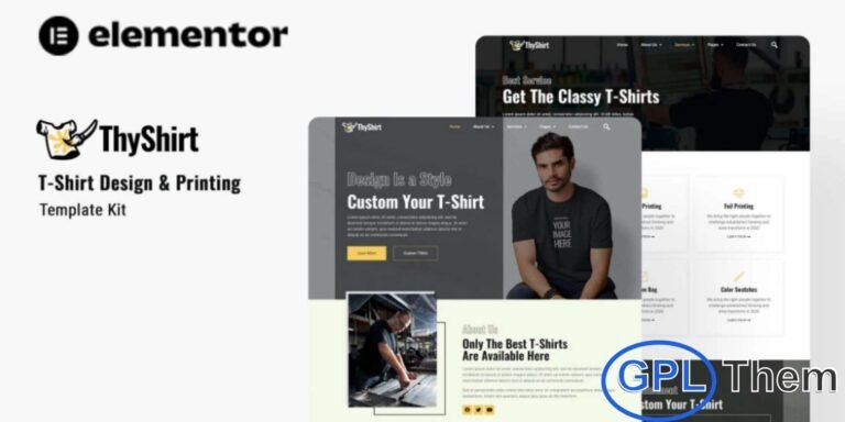 Thyshirt – T-Shirt Design & Printing Elementor Template Kit Thyshirt is a professionally crafted Elementor Template Kit designed for T-shirt design studios, custom printing shops, and apparel branding businesses. Built for seamless use with the Elementor Page Builder, this kit allows you to create a stylish, modern, and fully responsive website without writing any code.