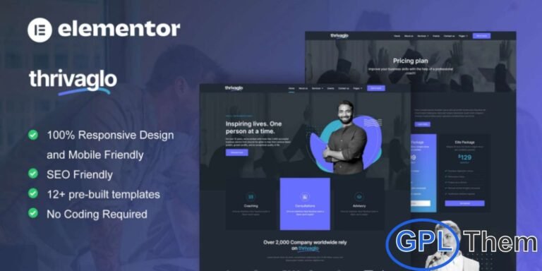 Thrivaglo – Business Coach Elementor Template Kit Thrivaglo is a modern and professionally designed Elementor Template Kit created specifically for business coaches, mentors, consultants, speakers, and online course creators. This kit makes it effortless to build a polished coaching website that highlights your expertise, services, and training programs.
