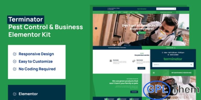 Terminator – Business & Pest Control Elementor Pro Template Kit Terminator is a professional Business & Pest Control Elementor Pro Template Kit crafted to help companies create a strong and credible online presence. Designed for seamless compatibility with Elementor and the Hello Elementor theme, this kit delivers a clean, modern, and fully responsive layout that works perfectly for pest control services, extermination companies, home protection services, and related businesses.
