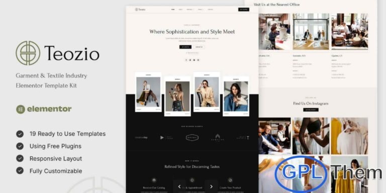 Teozio – Garment & Textile Industry Elementor Template Kit Teozio is a modern and professionally crafted Elementor Template Kit designed specifically for the Garment & Textile Industry. Perfect for textile businesses, garment manufacturers, clothing companies, fabric factories, and related industrial services, this kit helps you build a polished online presence with ease.