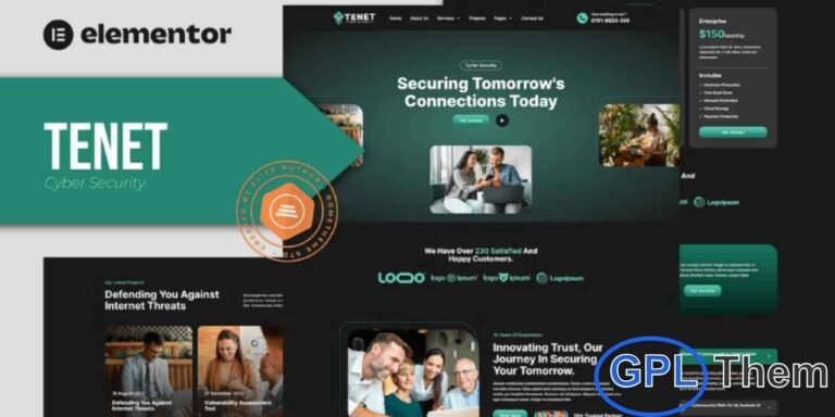 Tenet – Cyber Security Services Elementor Pro Template Kit Tenet is a cutting-edge Elementor Pro Template Kit crafted specifically for cyber security, IT protection, and cyber-tech service websites. Designed with a sleek and modern aesthetic, this kit offers a complete set of professionally built templates ideal for showcasing digital security solutions, network protection, threat monitoring, cybersecurity consulting, and more.