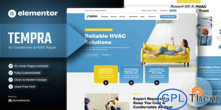 Tempra – Air Conditioner & HVAC Repair Elementor Template Kit Tempra is a modern and professional Elementor Template Kit crafted for Air Conditioner and HVAC repair service websites. With its clean layout and fully responsive design, this kit makes it effortless to build a high-quality online presence for HVAC technicians, AC repair companies, maintenance services, and heating–cooling specialists.