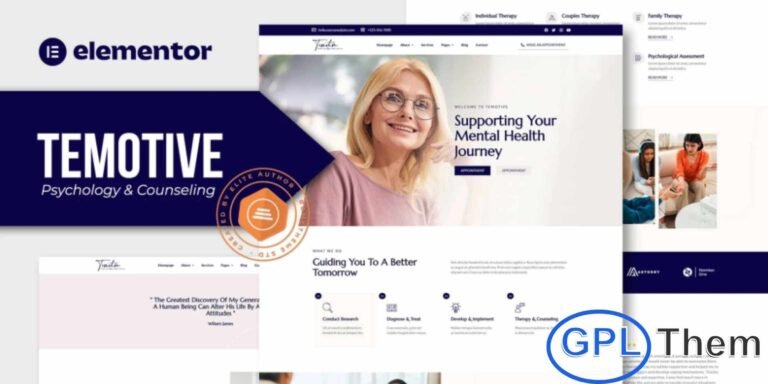 Temotive – Psychology & Counseling Elementor Template Kit Temotive is a professionally designed Elementor Template Kit created specifically for Psychology, Counseling, and Mental Health service websites. Perfect for psychiatrists, therapists, mental health clinics, and psychological therapy centers, this kit offers a polished and empathetic design that helps you build trust with your audience.