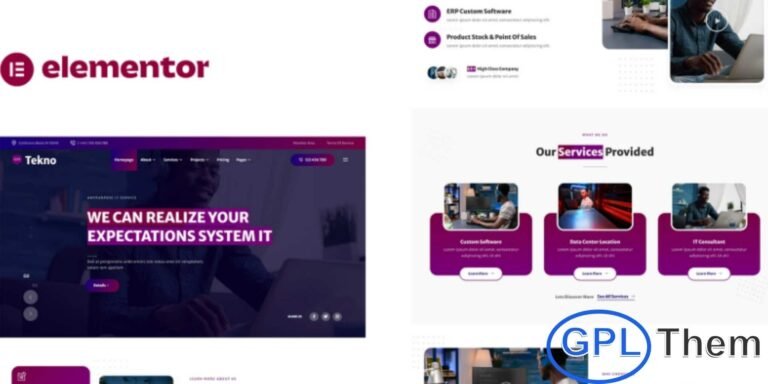 Tekno – IT Service & Software Developer Elementor Template Kit Tekno is a clean and modern Elementor Template Kit designed for IT service providers, software developers, tech startups, and digital solutions companies. Built for use with the free version of Elementor, this kit offers professionally crafted layouts that make it easy to build a polished, high-performing website without any coding.