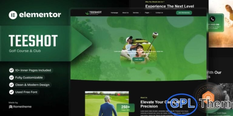 Teeshot – Golf Club & Course Elementor Template Kit Teeshot is a premium Elementor Template Kit crafted specifically for golf clubs, golf courses, sports clubs, and recreational facilities. Designed with a fresh, modern aesthetic, this kit provides a complete set of professionally built templates to help you create a stunning and fully functional website with ease.