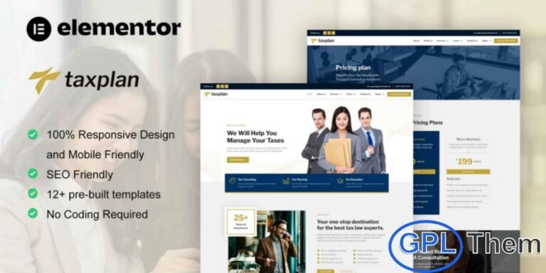 TaxPlan – Tax Advisor & Financial Consulting Elementor Pro Template Kit TaxPlan is a modern and professionally designed Elementor Pro Template Kit created specifically for Tax Advisors and Financial Consulting businesses. Featuring clean layouts, a sleek visual style, and user-friendly page structures, this kit makes it easy to build a polished financial services website without writing any code.