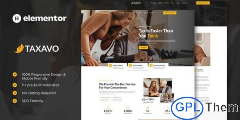 Taxavo – Tax Advisor & Financial Consulting Elementor Template Kit Taxavo is a modern and stylish Elementor Template Kit designed for tax advisors, financial consultants, accountants, insurance agencies, business planners, and finance-related companies. Built with a clean and professional layout, this kit helps you create a high-quality website that enhances trust and credibility.