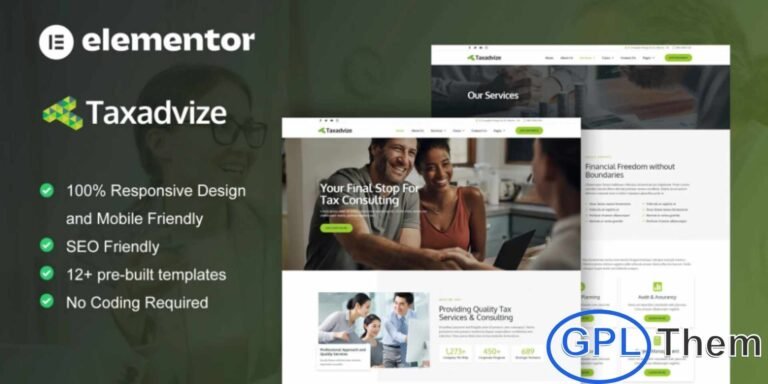 TaxAdvize – Tax Advisor & Financial Consulting Elementor Template Kit TaxAdvize is a professionally designed Elementor Template Kit created specifically for tax advisors, financial consultants, accountants, and finance-related businesses. Featuring a clean, modern, and highly polished layout, this kit helps you build a trustworthy and conversion-focused website without requiring any coding skills.
