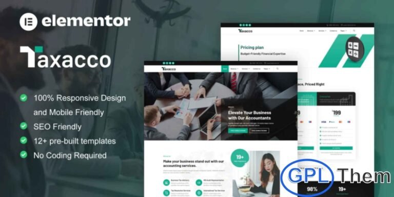 Taxacco – Accounting Firm Elementor Pro Template Kit Taxacco is a premium Elementor Pro Template Kit designed specifically for modern accounting firms and finance-related businesses. Crafted with a clean, professional, and contemporary layout, this kit is perfect for showcasing services such as tax consultation, financial auditing, financial planning, investment guidance, and corporate finance solutions.