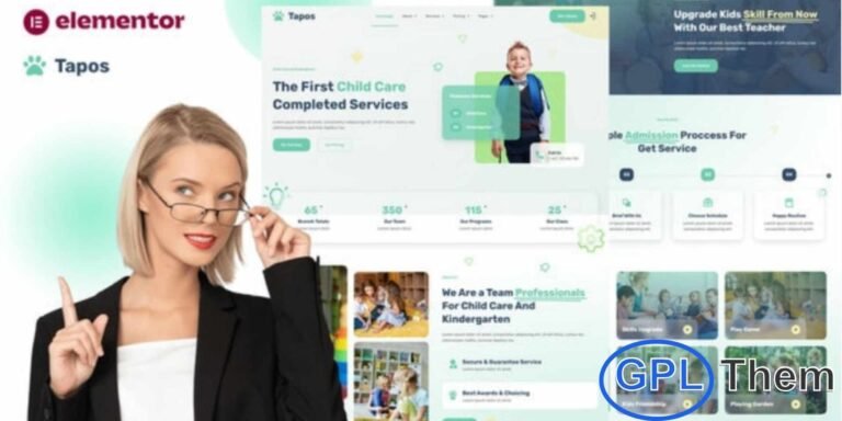 Tapos – Child Care & Kindergarten Elementor Template Kit Tapos is a modern and professional Elementor Template Kit designed for child care centers, kindergartens, preschools, and early education websites. With carefully crafted layouts, Tapos allows you to showcase programs, staff profiles, activities, and enrollment information in a visually appealing and engaging way.