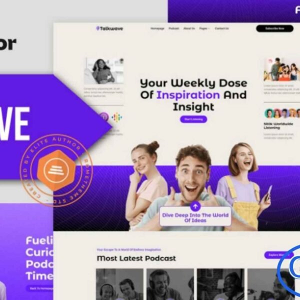 Talkwave – Podcaster Elementor Template Kit Talkwave is a modern and professional Elementor Template Kit designed specifically for podcasters, podcast services, and music streaming websites. Ideal for showcasing episodes, hosts, playlists, and subscription options, Talkwave helps you create an engaging online presence for your podcast or audio platform.