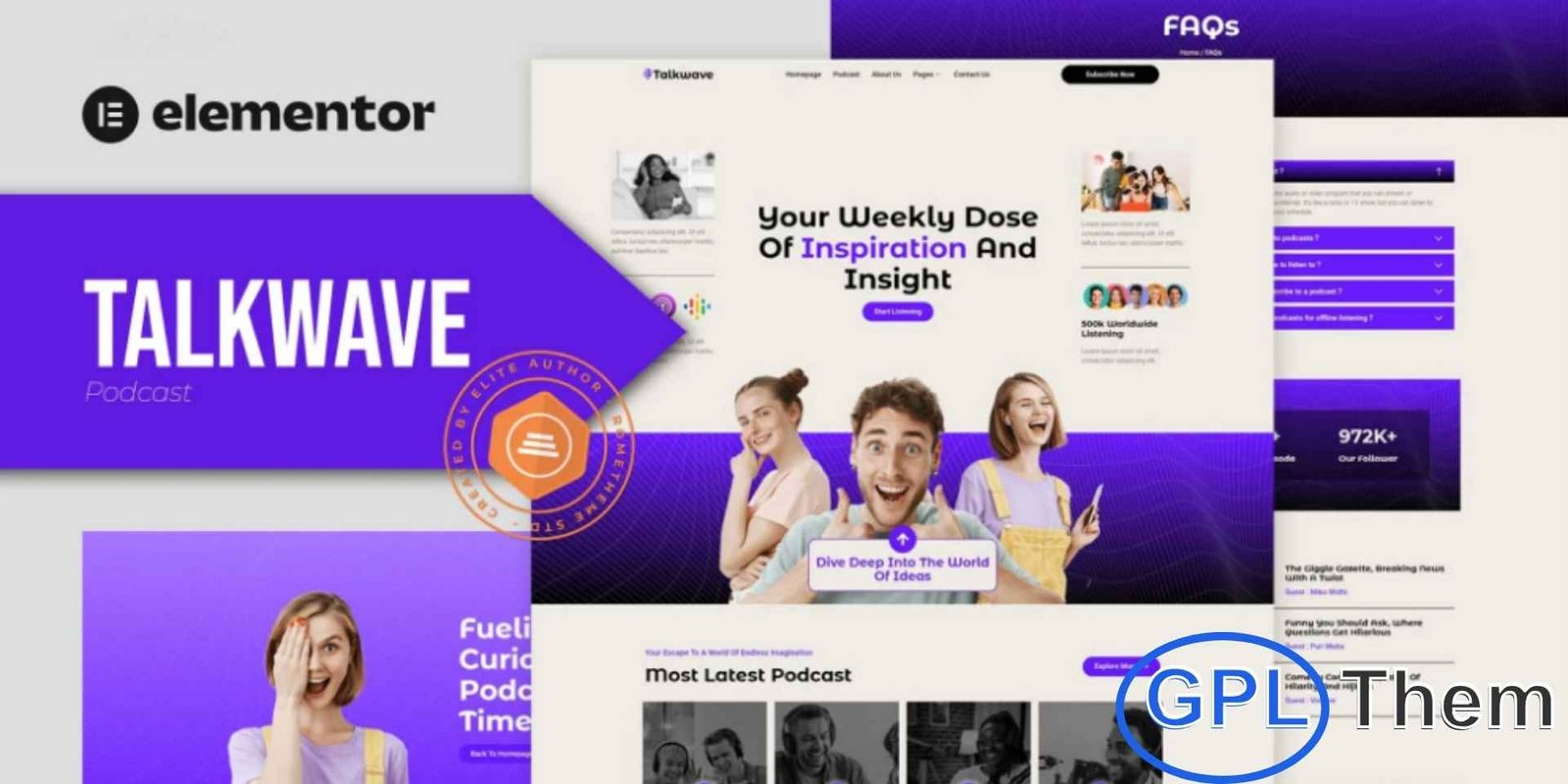 Talkwave – Podcaster Elementor Template Kit Talkwave – Podcaster Elementor Template Kit Talkwave is a modern and professional Elementor Template Kit designed specifically for podcasters, podcast services, and music streaming websites. Ideal for showcasing episodes, hosts, playlists, and subscription options, Talkwave helps you create an engaging online presence for your podcast or audio platform.