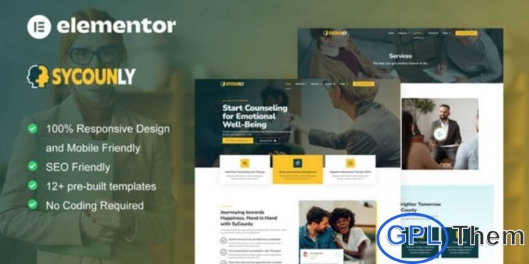 Sycounly – Psychology & Counseling Services Elementor Pro Template Kit Sycounly is a professional Elementor Pro Template Kit designed for mental health services, therapy practices, and counseling professionals. With over 12 pre-built templates, it offers modern, clean, and fully responsive designs, perfect for creating websites for psychologists, therapists, online counselors, family counseling services, mental health clinics, life coaches, and individual therapy providers.