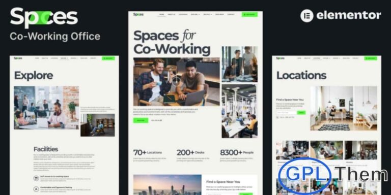 Spaces – Co-Working Elementor Pro Template Kit Spaces is a modern and professional Elementor Pro Template Kit designed specifically for co-working offices, shared workspaces, and creative hubs. This template kit offers a versatile and fully responsive design, making it easy to create a sleek, functional, and visually appealing website for your co-working space.
