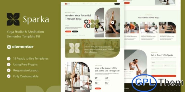 Sparka – Yoga Studio & Meditation Elementor Template Kit Sparka is a beautifully crafted Elementor Template Kit designed for Yoga Studios, Meditation Centers, Pilates classes, Wellness spas, Health coaching, and other fitness or mindfulness-related businesses. This is not a WordPress theme but a collection of ready-made templates built exclusively for the Elementor page builder, offering complete flexibility without any coding.