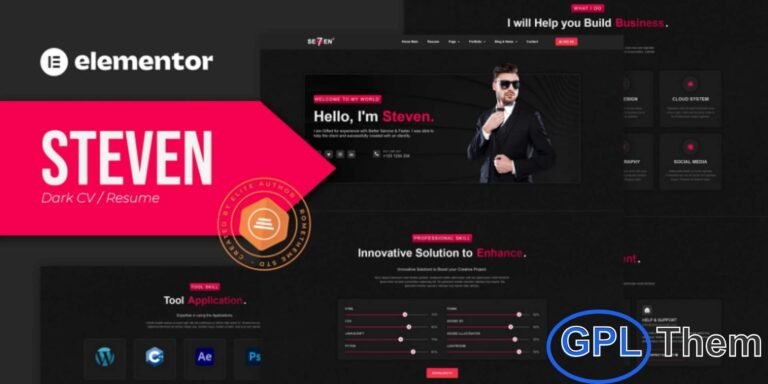 Steven – Dark CV Portfolio Resume Elementor Template Kit Steven is a sleek and modern Elementor Template Kit designed to create standout CV, Resume, and Portfolio websites with a bold dark theme. Featuring 14 professionally crafted templates, this kit delivers a clean, stylish, and fully responsive design that helps professionals showcase their skills, achievements, and creative projects with impact.