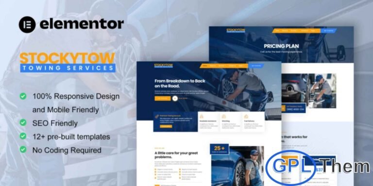 StockyTow – Towing Services Elementor Pro Template Kit StockyTow is a premium Elementor Pro Template Kit designed specifically for towing service websites. Whether you offer vehicle towing, motorcycle towing, roadside assistance, car repair, gas delivery, or any other automotive support service, this kit provides everything you need to build a professional and high-converting website with ease.