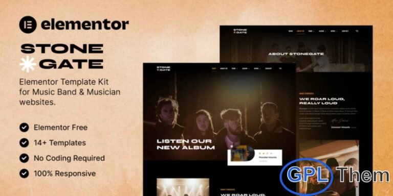 Stonegate – Music Band & Musician Elementor Template Kit Stonegate is a sleek and modern Elementor Template Kit crafted specifically for music professionals and creative performers. Perfect for bands, solo musicians, record labels, music producers, and entertainment brands, this kit helps you build a stunning and fully functional website with ease.