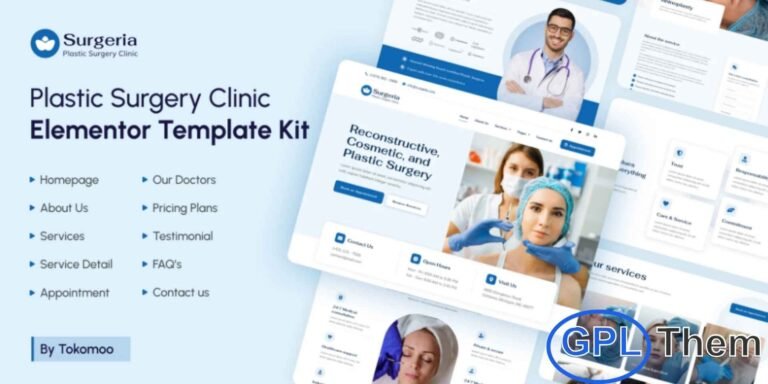 Surgeria – Plastic Surgery Clinic Elementor Template Kit Surgeria is a sleek and modern Elementor Template Kit designed specifically for Plastic Surgery Centers, Rhinoplasty Clinics, Cosmetic and Aesthetic Clinics, Dermatology Centers, Skincare Specialists, and beauty-focused service providers.