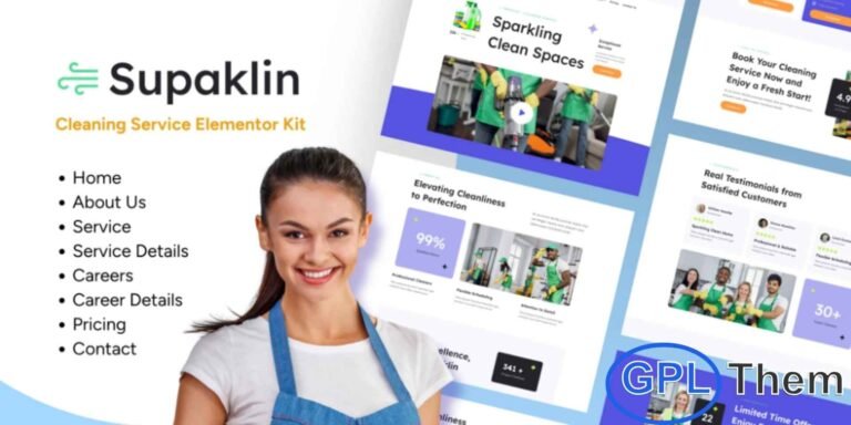 Supklin – Cleaning Service Business Elementor Template Kit Supklin is a modern and SEO-friendly Elementor Template Kit designed specifically for cleaning service businesses. Whether you offer house cleaning, office cleaning, residential services, commercial maintenance, or specialty cleaning, this kit delivers a clean, professional, and easy-to-navigate layout that elevates your online presence.