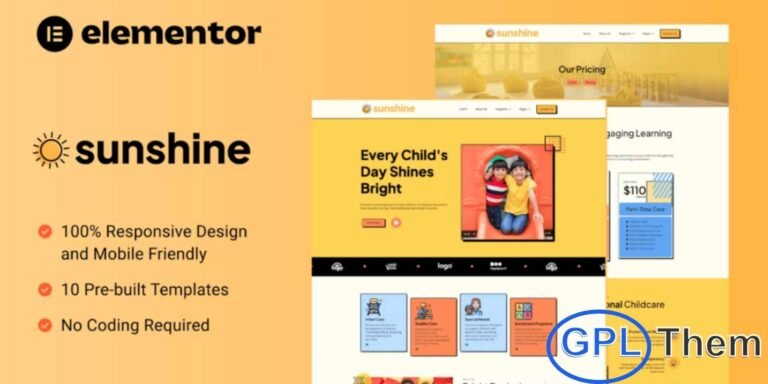 Sunshine – Cheerful Daycare Elementor Template Kit Sunshine is a beautifully crafted Daycare Elementor Template Kit designed to create a bright, cheerful, and trustworthy online presence for childcare centers and early education providers. With its warm visuals and friendly layout, this kit helps you showcase your daycare’s nurturing environment, learning programs, and caring approach in the best possible way.