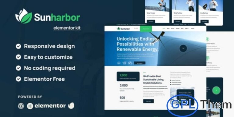 SunHarbor – Solar & Renewable Energy Elementor Template Kit SunHarbor is a modern and clean Elementor Template Kit crafted specifically for solar energy and renewable energy businesses. Designed for the free version of Elementor, it lets you build a professional, eco-friendly website without any coding. This template kit is ideal for companies offering solar panel installation, green energy solutions, wind turbine services, hydro energy systems, and other sustainable power services.