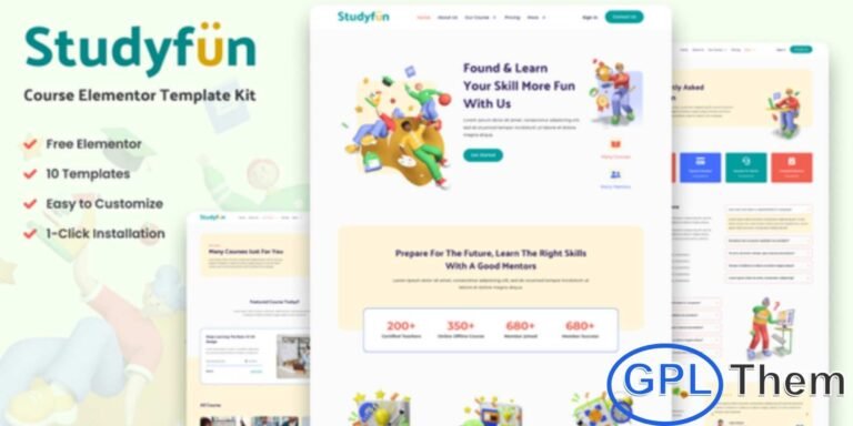 Studyfun – Course Elementor Template Kit Studyfun is a versatile and modern Elementor Template Kit designed specifically for educational institutions, online courses, e-learning platforms, training programs, and digital learning academies. Built exclusively for Elementor, this kit provides beautifully crafted page layouts that make it effortless to create a professional education website—without touching any code.
