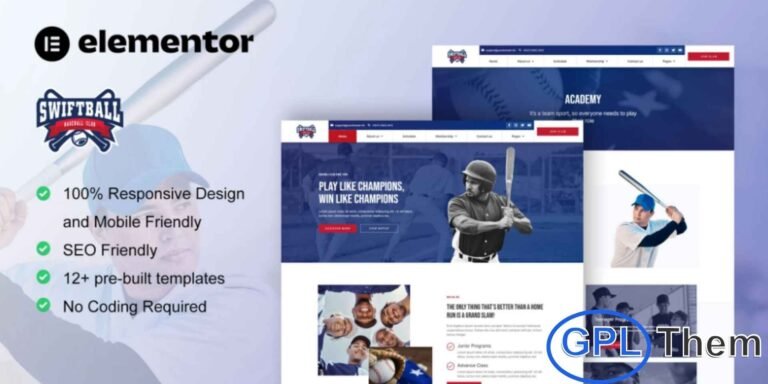 SwiftBall – Baseball Team & Sports Club Elementor Pro Template Kit SwiftBall is a professional Elementor Pro Template Kit designed for baseball teams, sports clubs, and athletic communities. This versatile template kit allows you to create a dynamic website for baseball clubs, coaching programs, sports events, private trainers, and even baseball merchandise stores.