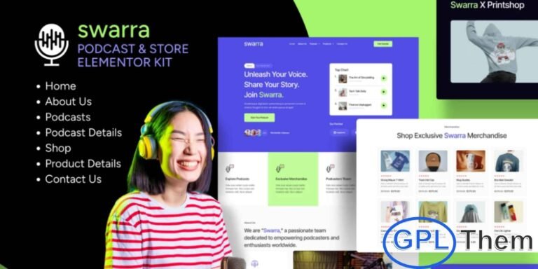 Swarra – Podcast Streaming & Merchandise Store Elementor Template Kit Swarra is a versatile Elementor Template Kit for WordPress, designed to help you create professional websites for podcasts, streaming platforms, and merchandise stores. With Swarra, you can showcase your podcast episodes, stream content, and sell merchandise—all from a single, seamless website.