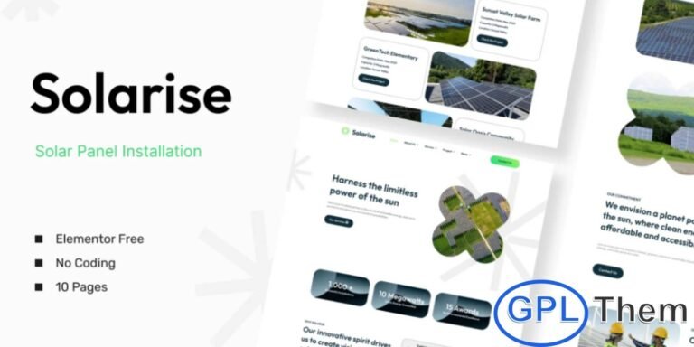 Solarise – Solar Panel Installation Elementor Template Kit Solarise is a modern Elementor Template Kit designed specifically for solar panel installation companies and renewable energy businesses. With its clean, professional layouts, you can quickly create a visually appealing website to showcase your services, projects, and expertise.