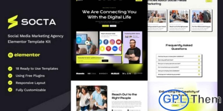 Socta – Social Media Marketing Agency Elementor Template Kit Socta is a modern and fully responsive Elementor Template Kit designed specifically for social media marketing agencies, digital marketing firms, creative studios, and businesses looking to showcase their services professionally. With its clean, sleek, and minimal layout, Socta helps you build a high-impact online presence without writing a single line of code.