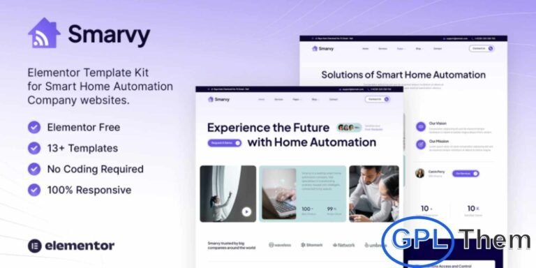Smarvy – Smart Home Automation Company Elementor Template Kit Smarvy is a sleek and modern Elementor Template Kit created for smart home automation companies, home security providers, and tech-focused service businesses. Designed with clean layouts and a professional aesthetic, Smarvy helps you showcase your expertise in smart devices, automation systems, and connected home solutions with clarity and impact.