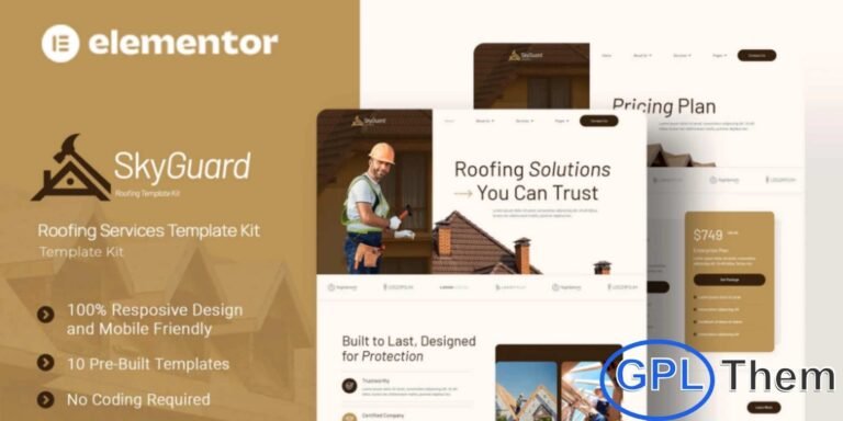SkyGuard – Roofing Services Elementor Template Kit SkyGuard is a professional Elementor Template Kit designed specifically for roofing companies, contractors, and home improvement businesses. With a clean, modern, and fully responsive design, this kit helps you showcase roofing services, repair solutions, and project portfolios in a polished and engaging way.