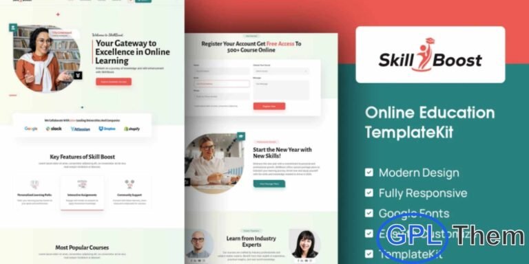 Skill Boost – Online Education Elementor Template Kit Skill Boost is a professionally designed Elementor Template Kit tailored for online education platforms, e-learning websites, and digital courses. Featuring a modern and clean design, this kit provides all the essential layouts needed to build a polished and engaging online learning website.